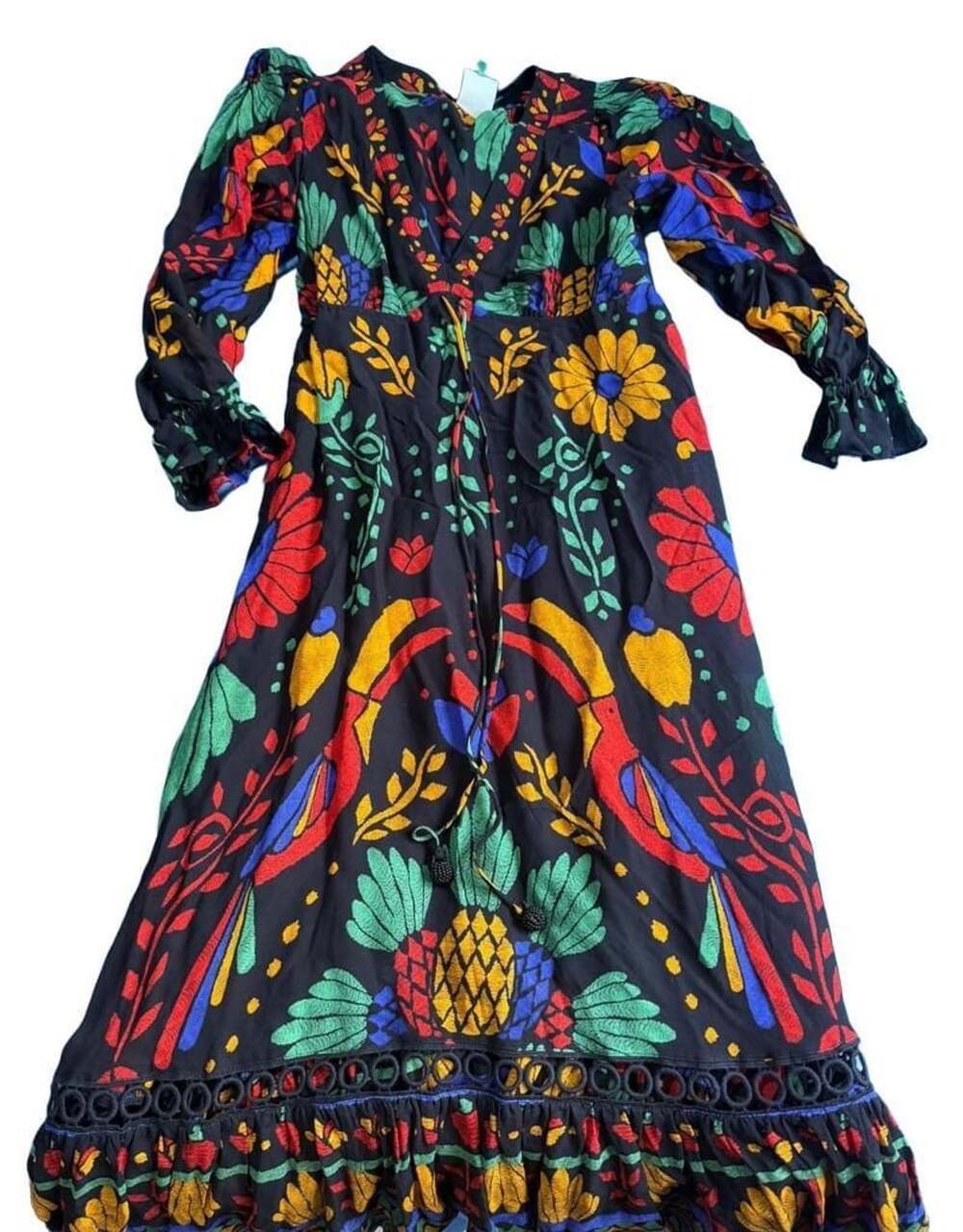 FARM Rio Toucan Pineapple Print Maxi Dress Size M Long Sleeve